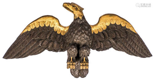 An eagle, painted and gilt wood, 18thC, H 63 - W 116 cm