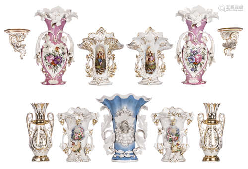 Nine 19thC polychrome and gilt decorated porcelain altar vases, Brussels, Paris, Bohemia; added two Rococo style soccles in 20thC Saxon porcelain, H 33 - 57 cm