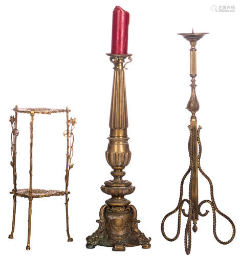 A bronze late Victorian pedestal; added two 19thC brass church candlesticks, H 73 - 119 cm