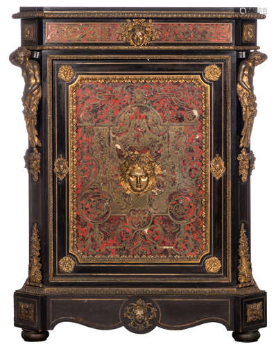 A Continental late 19thC 'meuble d'appui' with Boulle marquetry and imposing bronze mounts, Rance marble top, H 114 - W 85 - D 43 cm