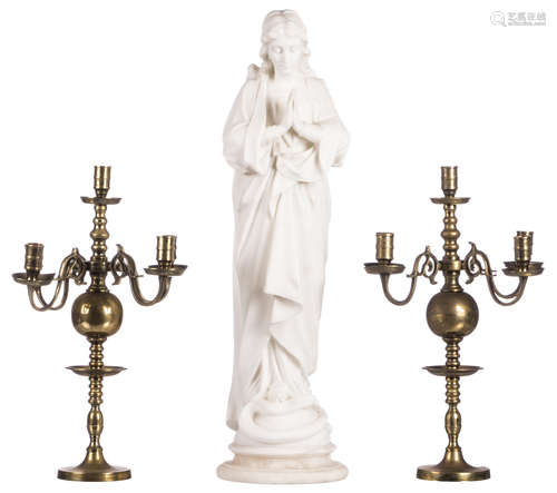 Unsigned, Our Lady, white Carrara marble and an alabaster base, H 65,5 cm; added two bronze Baroque style candlesticks, H 44 cm