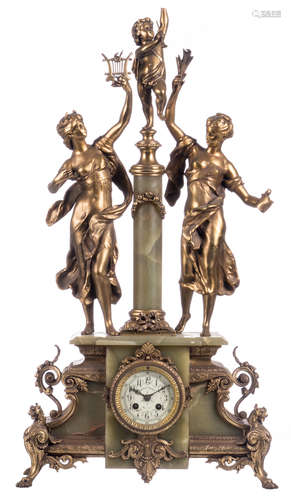 Moreau M., a Belle Epoque mantle clock with gilt bronze statues and mounts on a green onyx marble base, the dial marked 'Usines Voja ... - Bruxelles', H 81 cm