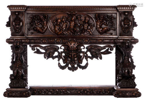 A richly carved walnut credenzone, probably Italian, late 19thC, H 133,5 - W 196,5 - D 74 cm