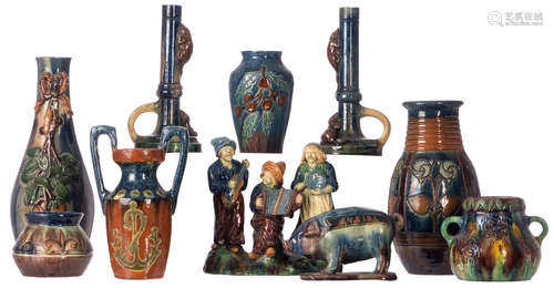 An important lot of decorative objects in typical Flemish earthenware in the Art & Crafts manner, H 10,5 - 35 cm