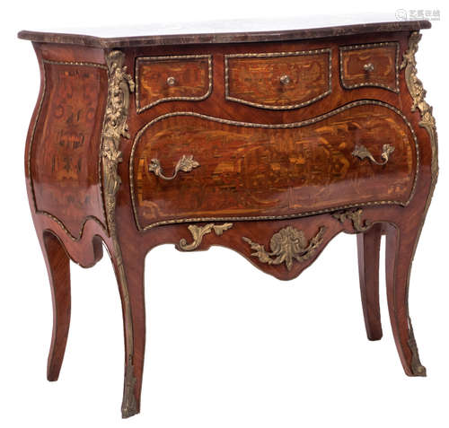 A mahogany veneered French Rococo style commode with marquetry, bronze mounts and a rouge Napoleon marble top, H 76 - W 87 - D 42,5 cm