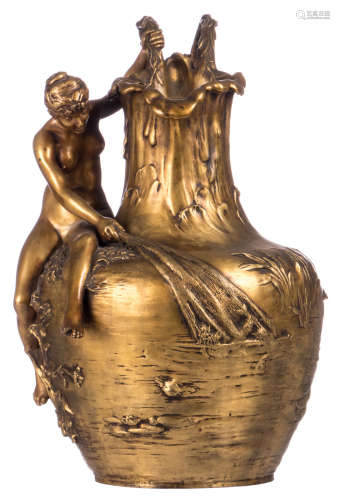 Vibert C., a fishing Venus, sculpture shaped as a pitcher, gilt bronze, with a brass vase container, H 42 cm