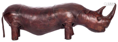 A stitched leather design footstool in rhino shape, produced by Valenti - Spain, H 63 - W 234 cm