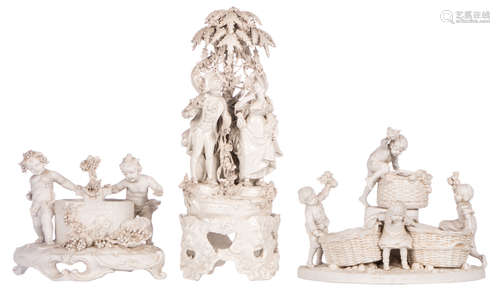 Two jardinières in biscuit, one depicting children in an animated scene, the other with an animated Bacchus scene; added a gallant group on a faience fine base, with a (Naples) mark, H 20 - 42,5 cm