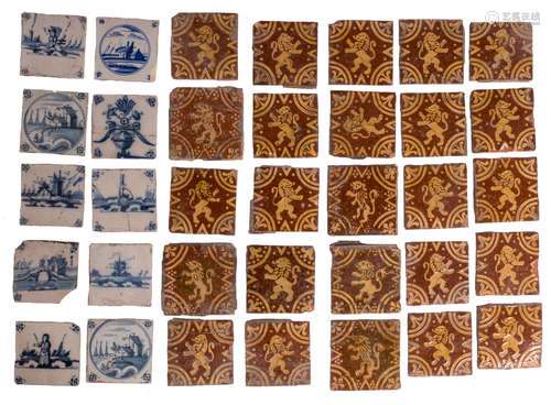 A lot of typical Flemish 'Thourhout' tiles; added some blue and white Dutch Delftware tiles, mostly 18thC