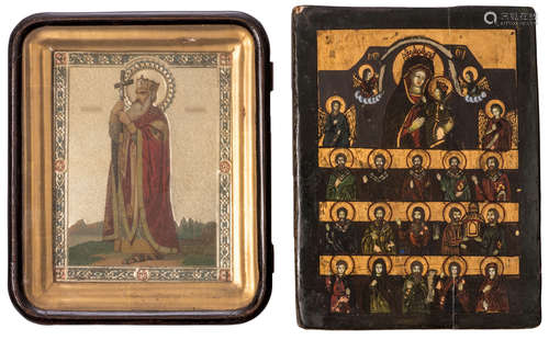 Two Eastern European icons, one in a box, both most probably 20thC, 22 x 26,5 - 22,5 x 30 cm