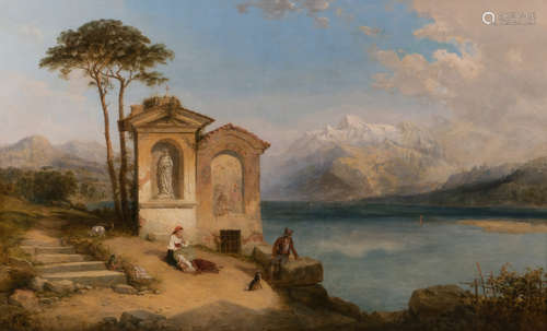 Bossuet F., an animated scene in an Italian landscape, oil on canvas, 117 x 191 cm