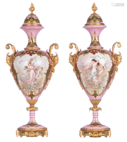 A pair of ornamental vases with gold-layered rose pompadour ground, decorated with mythological scenes and views of a ruin, signed Poitevin, gilt bronze mounts, marked Sèvres, 19thC, H 63 cm (exceptional quality)