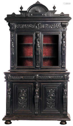 A Renaissance style walnut veneered cabinet, French, late 19thC, H 238,5 - B 134 - D 53,5 cm