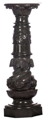 A generously sculpted vert de mer marble stand decorated with dolphins, H 113 cm