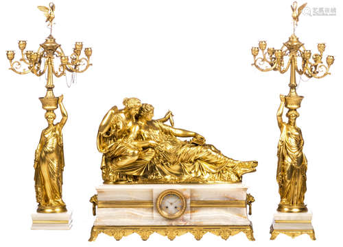 An exceptional French gilt bronze three-piece garniture on an onyx marble base, second half of the 19thC, H 59 (clock) - 97 (candelabras) - W 62,5 (clock) - D 19 cm (clock)