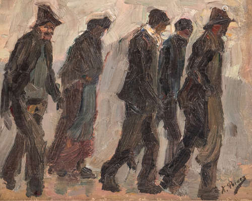 Peiser K, five walking figures in a rainy street, oil on canvas glued on panel, 24,5 x 30,5 cm