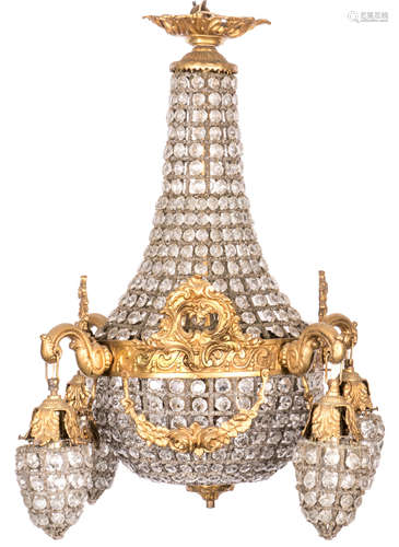 A Belle Époque chandelier of the sac-à-perles type, bronze mount, one of a pair, H 70 cm