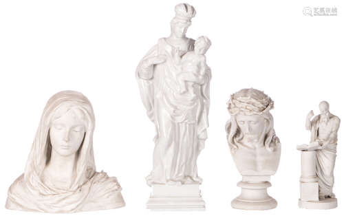 Three biscuit figures (the thorn crowned Christ, a bust of a girl, a philosopher), one figure marked; added a Herend porcelain baroque style Holy Mother and Child, H 24,5 - 47,5 cm