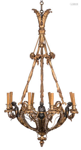 A fine gilt and patinated bronze Belle Époque chandelier, the lights carried by caryatids, H 143 cm