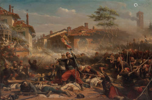 Yvon A., a battlescene during the Franco - Mexican War (probably the battle of Camarón 30.04.1863), oil on canvas, dated 1863, 74 x 110 cm