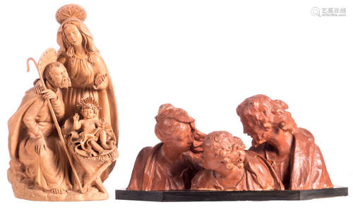 A terracotta Holy Family; added De Decker Jos - Verhaeghe, a terracotta Holy Family on a wooden base, dated 1952, H 30 - 53 cm