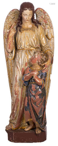 A guardian angel in polychrome painted terracotta, late 19thC, H 119 cm