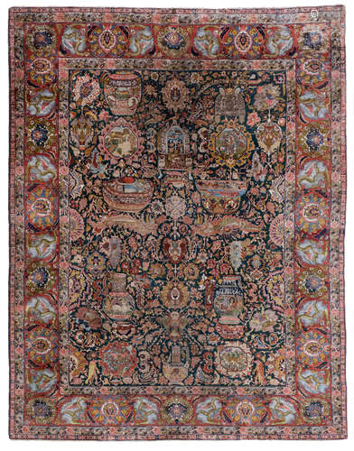 A fine Oriental rug, richly decorated with various animals, antiquities and calligraphic texts, wool on cotton, marked, 292,5 x 386 cm