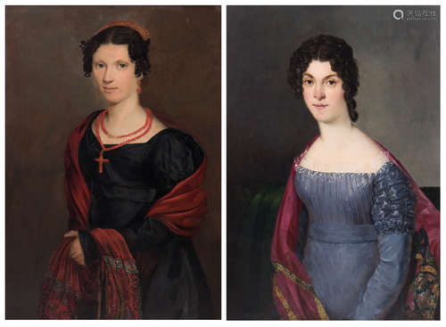 Unsigned, a double portrait of two ladies, oil on canvas, about 1830, 63 x 89 cm