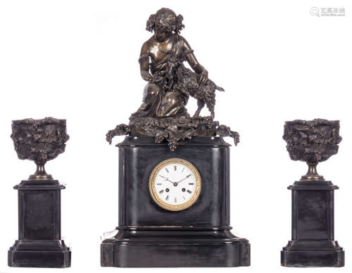 A Historism three-piece garniture, on top a bronze Bacchus scene, the work marked 'Leroux à Bruxelles', the base of the mantle clock in Rance marble, plus the matching side pieces, H 29,5 - 65 cm