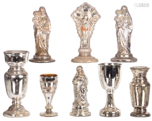 A lot of various mercury glass items: three Holy Mothers and Child, one crucifix, two cups and two vases, Bohemia, 19thC, H 15 - 24 cm