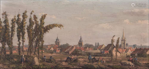 Permeke H., a view on a town in Flanders, dated 1877, with an authentic certification by the artist - Poperinge October 20 (18)77, 19,5 x 41 cm