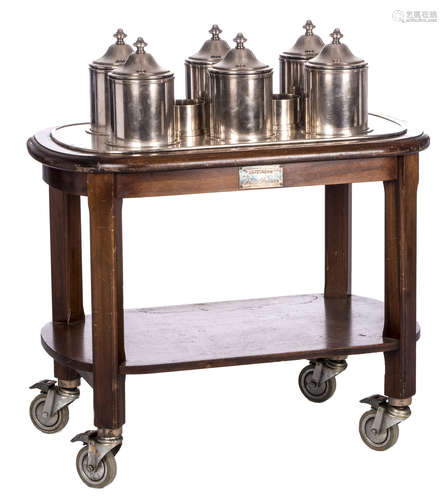 An ice cream cooler for restaurant use, mahogany table, with plated ice cream containers, by 'Orfèvrerie Felix Frêres', H 98 - W 91 - D 55 cm