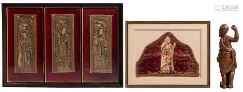 Four framed religious embroideries, three triptych framed, 17thC/18thC, H 20 - 26 cm; added an oak wooden sculpture (part of an alterpiece), the Southern Netherlands, 17thC, H 28,5 cm