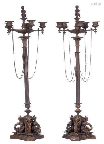 A pair of Neoclassical bronze candelabras, 19thC, H 72 cm