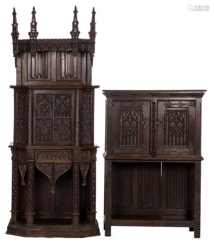 Two oak continental Gothic Revival cupboards, late 19thC, H 129 - W 90,5 - D 34 cm and H 202 - W 81,5 - D 37 cm