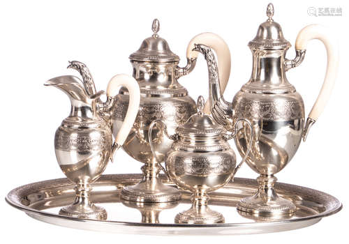 A five-part Neoclassical coffee and tea set, ivory handles, the four recipients rehallmarked and guaranteed as sterling alloy 925/000, the silver salver 800/000! , production by 