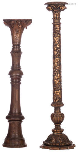 Two wooden soccles with sculpted decoration, one with gilt carving, H 134 - 152,5 cm