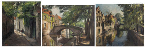 Mechelaere L., three views on Bruges, oil on canvas, 65 x 75 - 65 x 76 - 68 x 85 cm