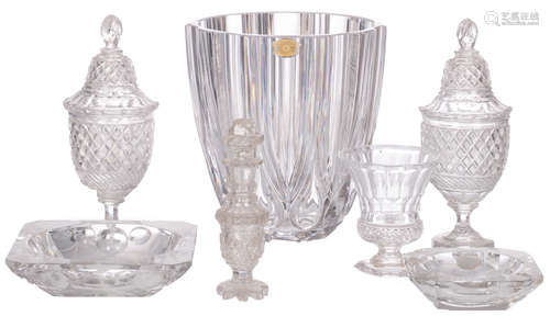 A pair of crystal diamond cut jars and covers, about 1850; added a ditto flask; extra added two ashtrays marked Val Saint Lambert, a ditto bigger and ditto smaller vase, H 15,5 - 31,5 cm