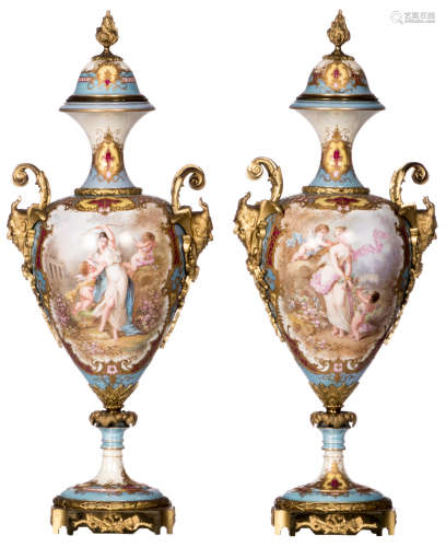 A pair of ornamental vases with gold-layered light blue ground, decorated with mythological scenes and landscapes signed Poitevin, gilt bronze mounts, marked Sèvres, 19thC, H 63 cm
