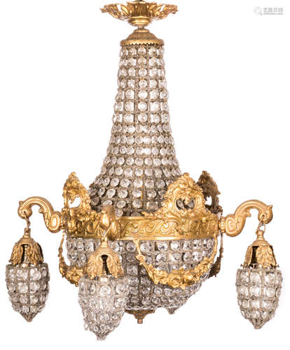 A Belle Époque chandelier of the sac-à-perles type, bronze mount, one of a pair, H 70 cm