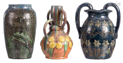 Three vases in typical Flemish earthenware in the Arts & Crafts manner, about 1910, H 40 - 43 cm