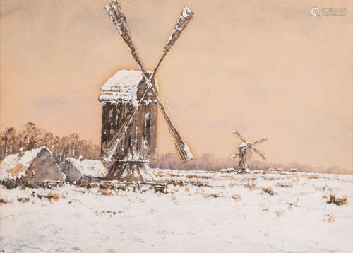 Reckelbus L., windmills in the snow, gouache, 42 x 56 cm