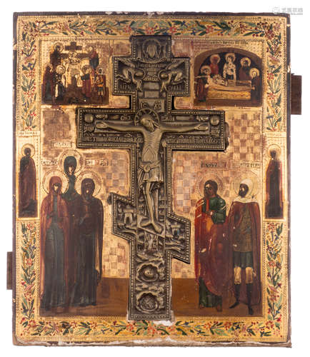 An Eastern European icon depicting a Golgotha scene, central inlaid with a bronze blessing cross, 19thC, 37 x 44,5 - H 37,6 cm (cross)