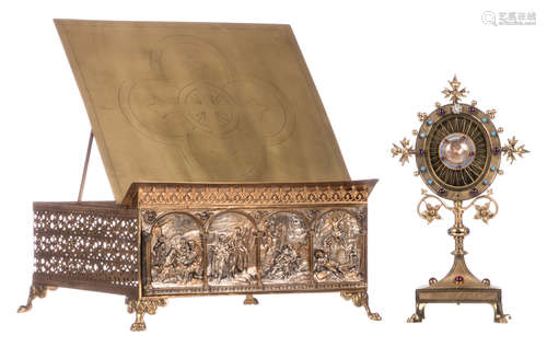 A Gothic Revival reliquary monstrance, H 33 - W 20 cm; added a ditto reading desk, H 19 - W 36 - D 36 cm