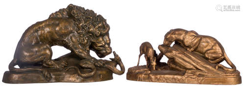 Two hunting scenes, bronze patinated terracotta, by Fagotta A. and Roze B., H 22,5 - B 51 and  H 32 - B 52 cm