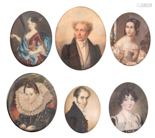 A set of 6 miniatures: Palsot, 1831, a portrait of a gentleman, H 10 cm / Vanacker, a portrait of a gentleman, ivory, H 7,5 cm / Arkwright E., a portrait of a lady, ivory, H 8 cm / Illegibly signed, a portrait of a lady, ivory, H 8,5 cm / Hogg, a portrait of a lady in16thC dress, ivory, H 9 cm / Deman, a portrait of a lady, ivory, H 8,5 cm