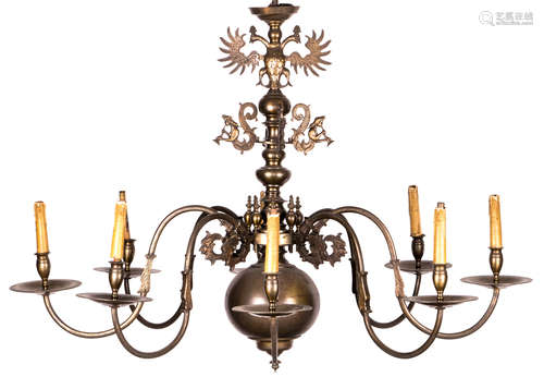 A baroque brass chandelier, H 86 cm