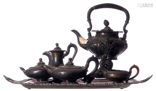 A six-part silver plated coffee and tea set, consisting of a chafing kettle on stand, a coffee and tea pot, a sugar pot, a creamer and a matching serving tray, H 12,5 - 45 - W 81 cm