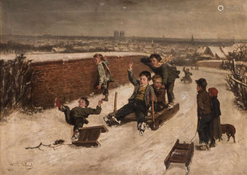 De Beul F., 'Glissade aux environs de Bruxelles', oil on canvas, dated 1874, 66 x 90 cm